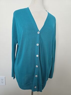 Zara Teal V-Neck Button-Front Cardigan Oversized Size S Cotton